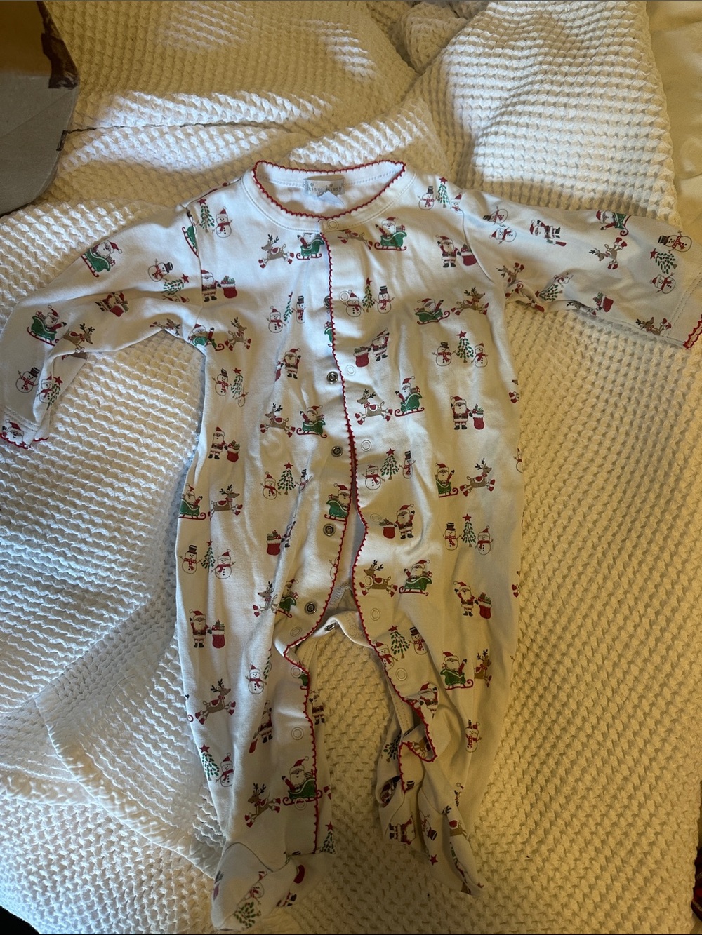 Kissy Kissy Christmas/holiday Footed Sleeper with Santa & Reindeer Print, 9 mos